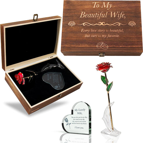 Anniversary for Her | Wife | Women – Engraved Wooden Gift Set with Crystal Engraved Heart | 24K Gold Dipped Rose
